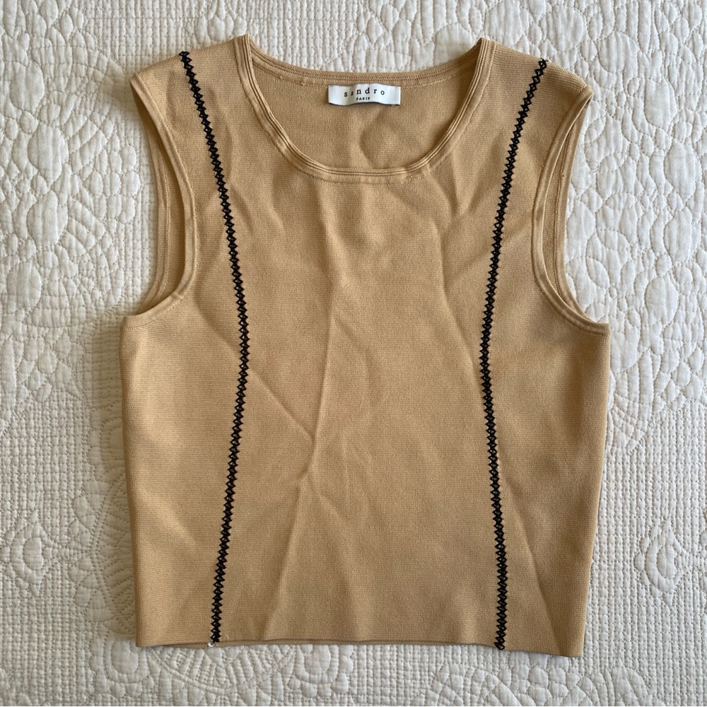 Sandro Beige Tank Top with Black Stitching